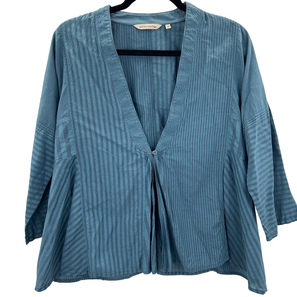Soft Surroundings Commelina Blue Striped Cotton Rayon V-Neck‎ Blouse Top Size M